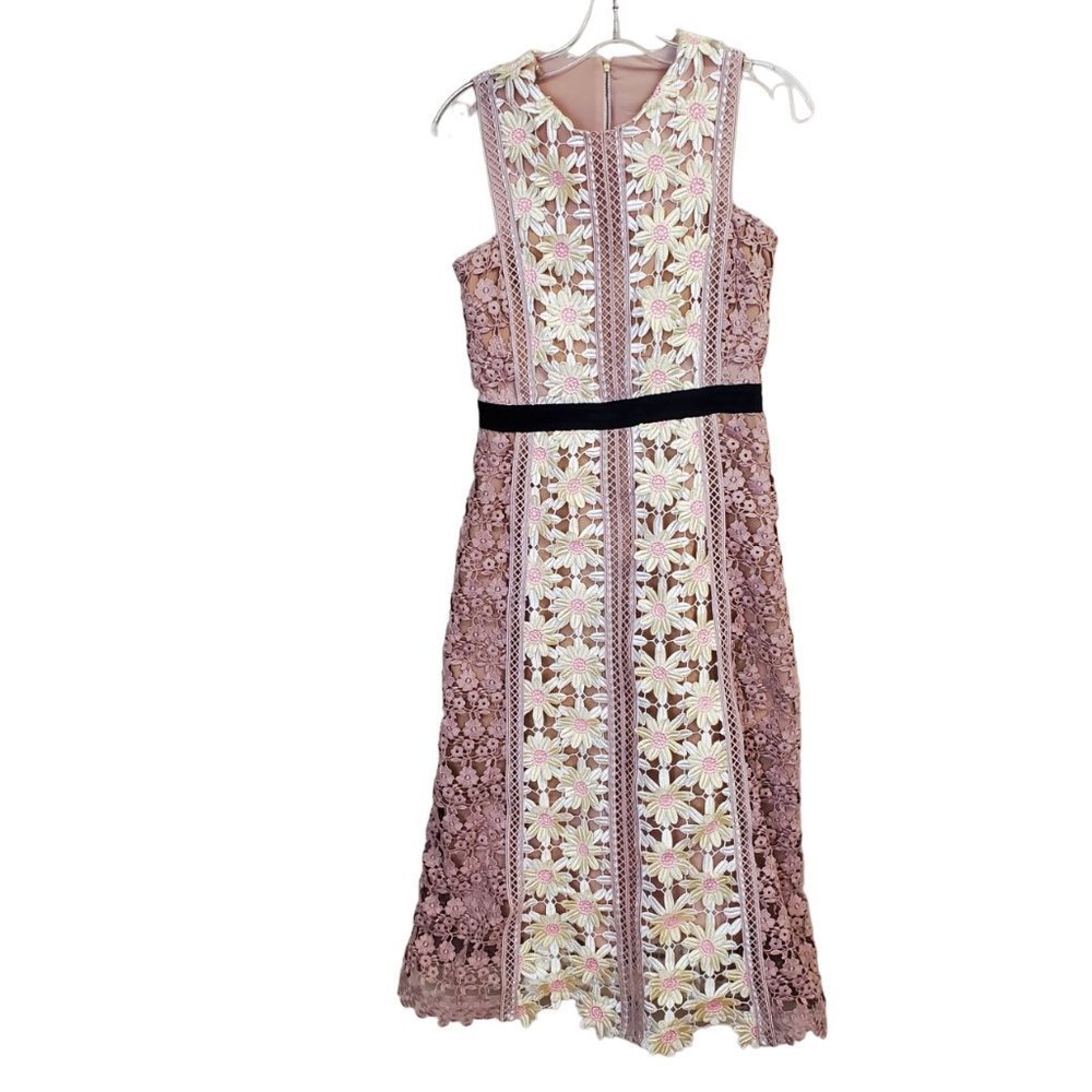 Self Portrait Daisy Floral Applique Lace Nude Illusion Midi Dress Wedding Size 6 - Picture 3 of 10
